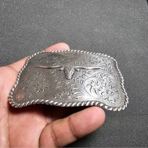Nocona Long Horn Steer Head Rope Border Engraved Floral Pattern Western Buckle